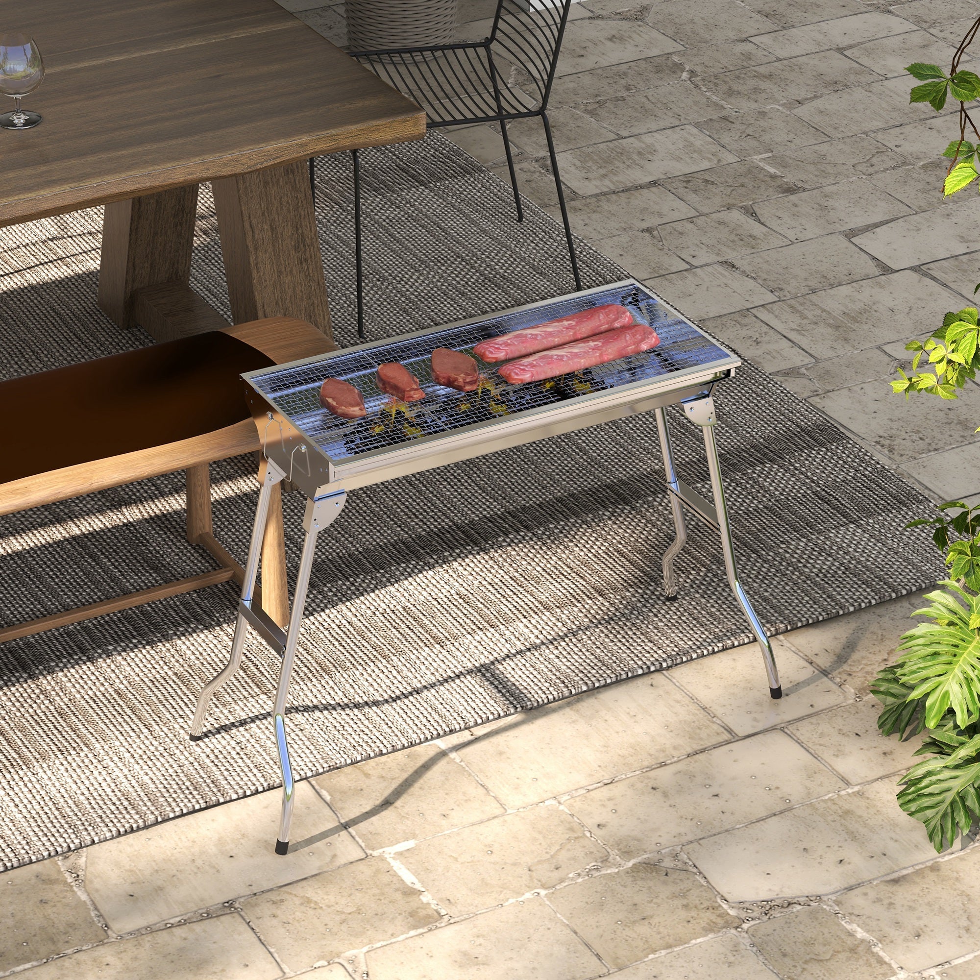 Outsunny Charcoal Grill Stainless Steel 37.8" x 13.4" Portable BBQ with Handles Tongs Cooking Camping Picnic Silver 