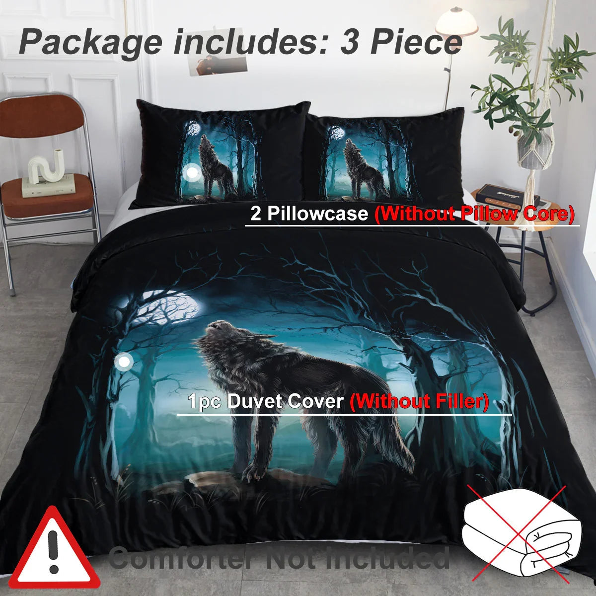 Moon Wolf Bedding Green Watercolor Forest Wolf Landscape Duvet Cover Sets 3 Pieces Wild Animal Bedding Set Twin Full Queen King Size 