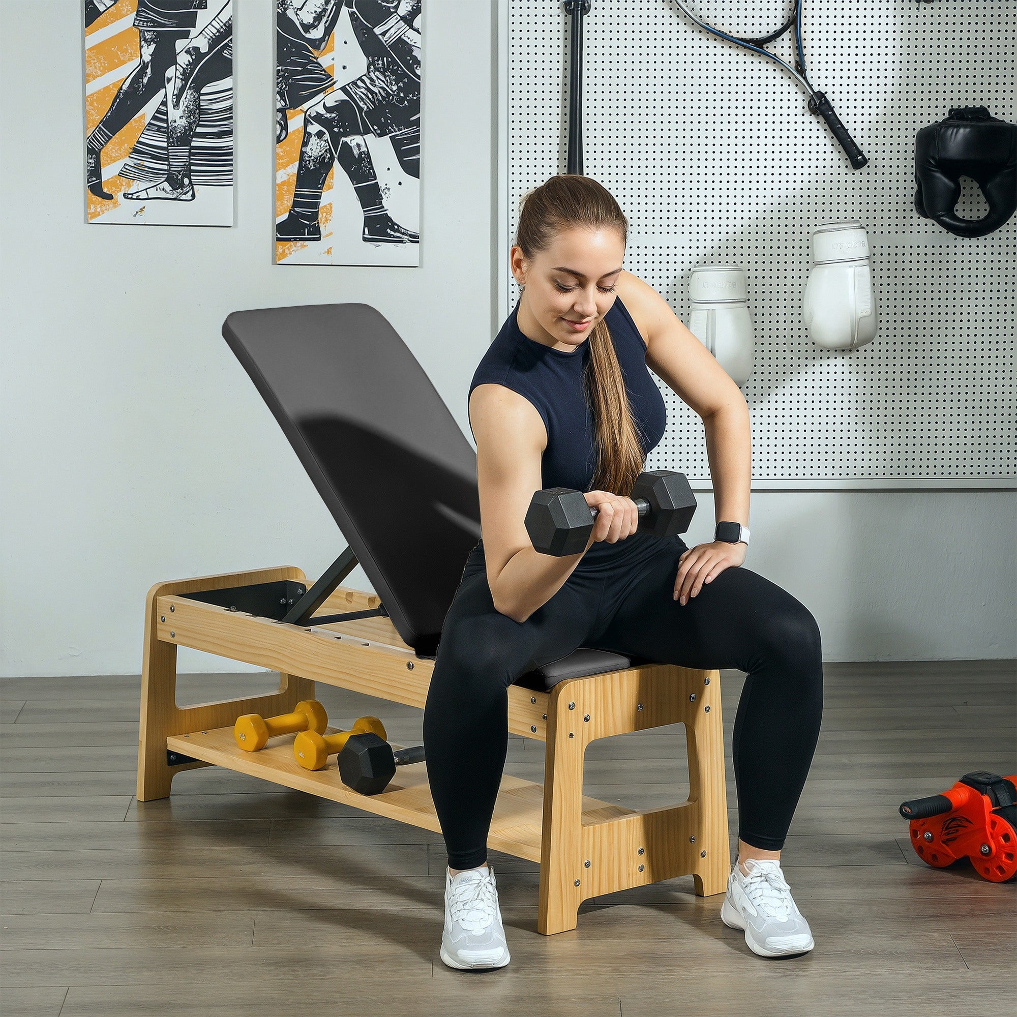 Soozier Wooden Adjustable Weight Bench with Dumbbell Storage Rack, Flat or Incline Workout Bench for Weight Lifting, Black 