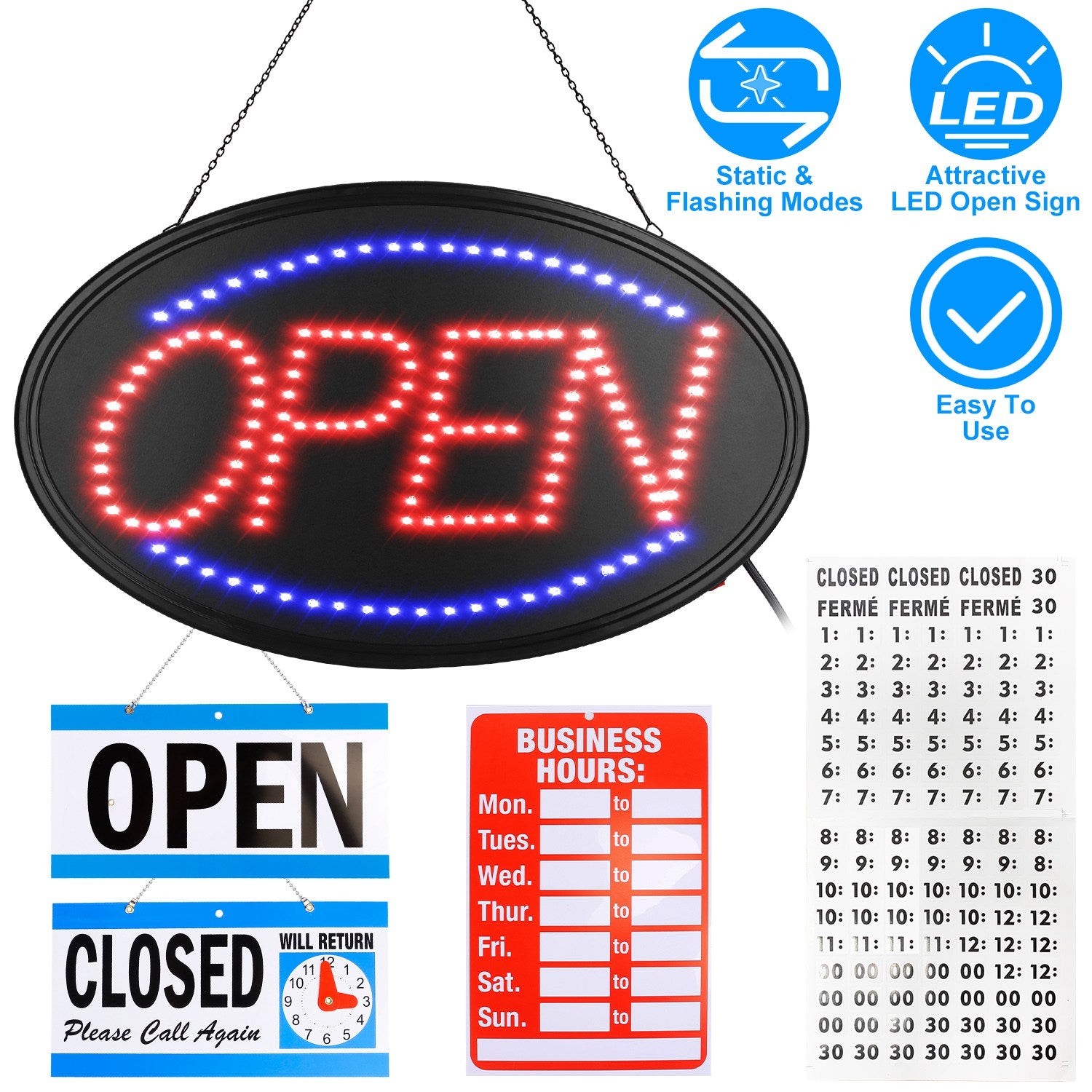 LED Open Sign 22.64x13.78In Business Neon Open Sign Advertisement Board with Steady Flashing Modes Business Hours and Open Closed Sign