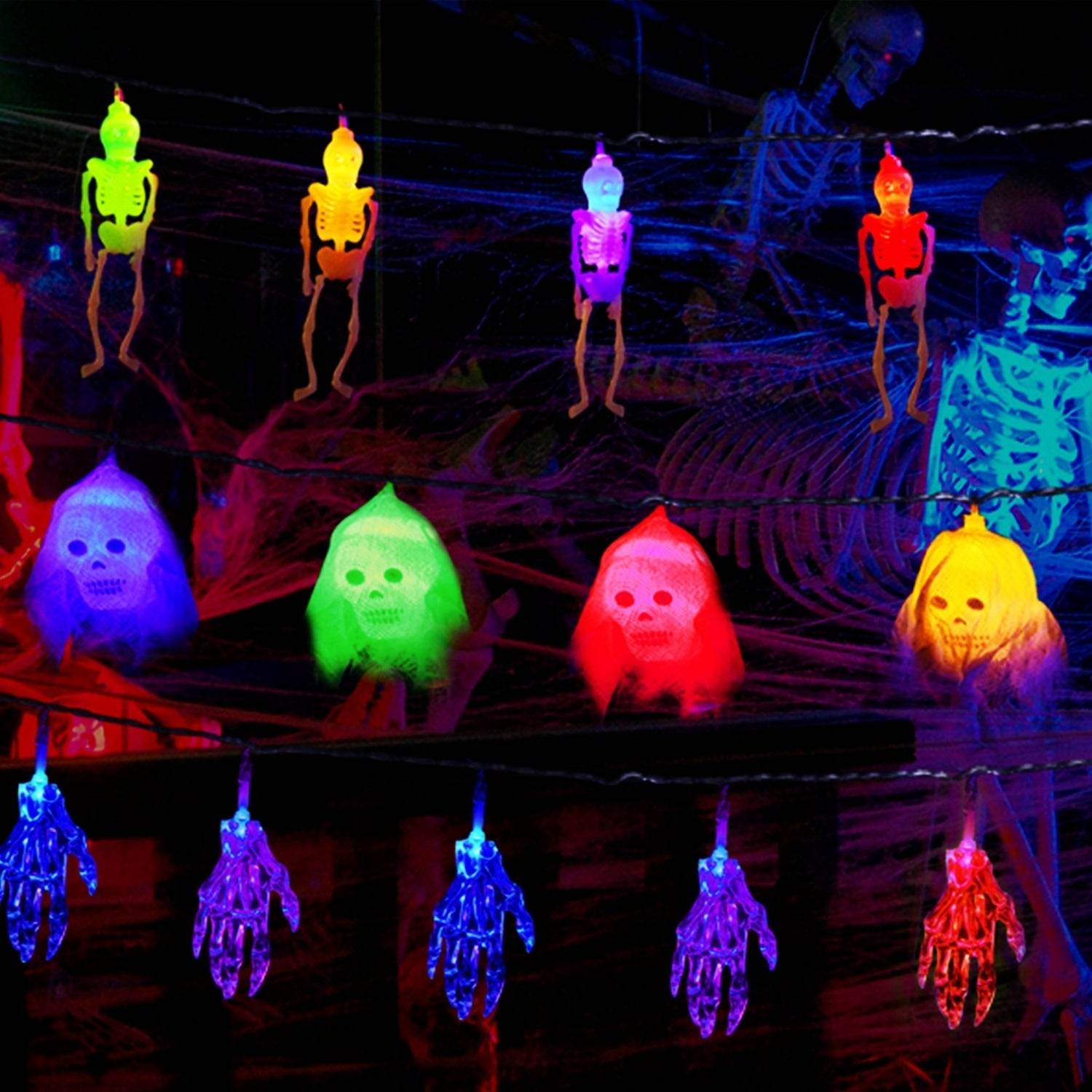 Set Of 3Pcs Halloween Light Decorations Total 50 LEDs 24ft Halloween String Lights Colorful 3D Skeleton Ghost String Lights Gauze Skull String Lights Spooky Hands String Lights For Indoor Outdoor Part 