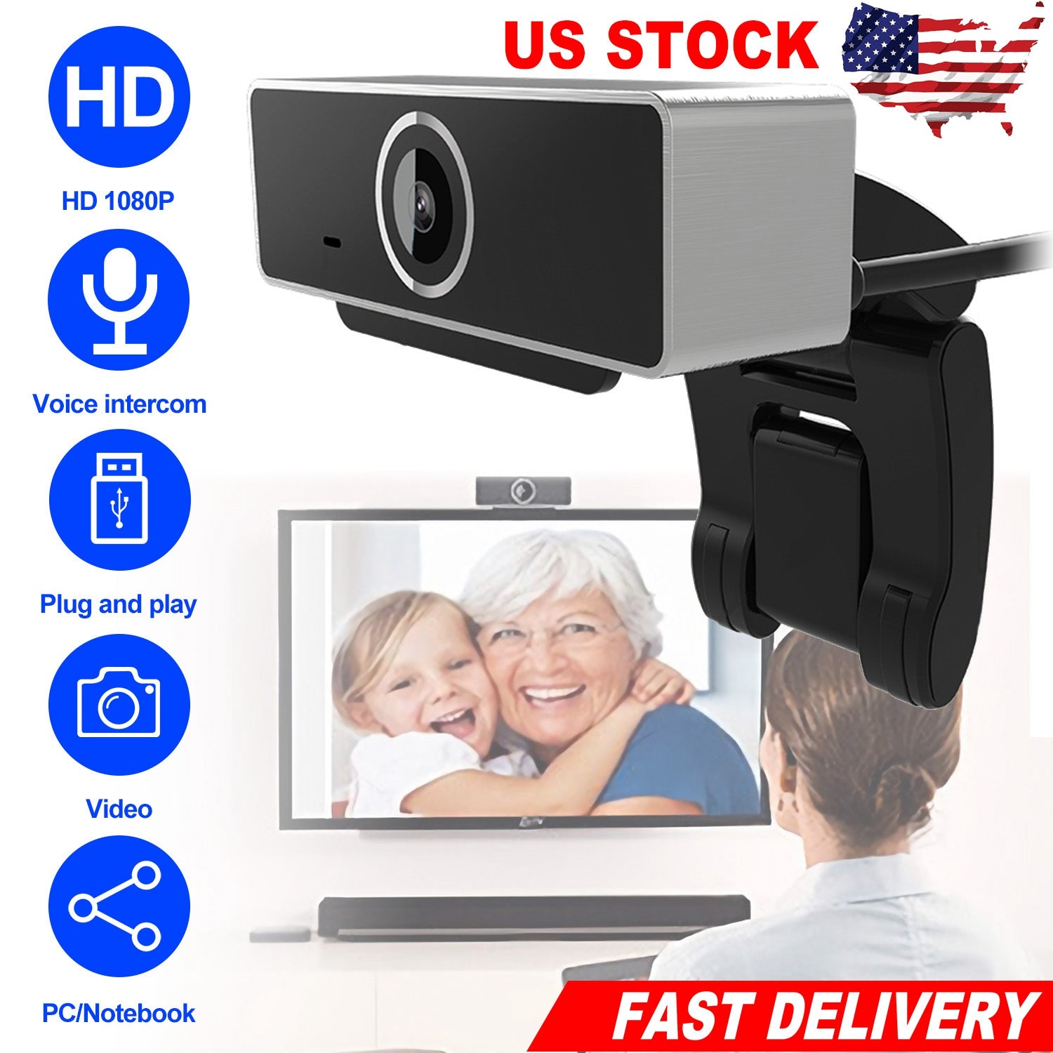 FHD 1080P Webcam USB PC Computer Webcam Auto Focus with Microphone 60-Degree Widescreen Desktop Laptop Webcam Live Streaming Webcam with Rotatable Cli