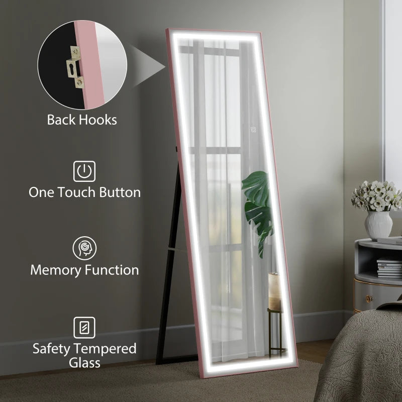 LED Mirror with Dimmable and 3 Colour Lights, 64" x 21" Rectangular Floor Mirror for Bedroom Living Room, Pink