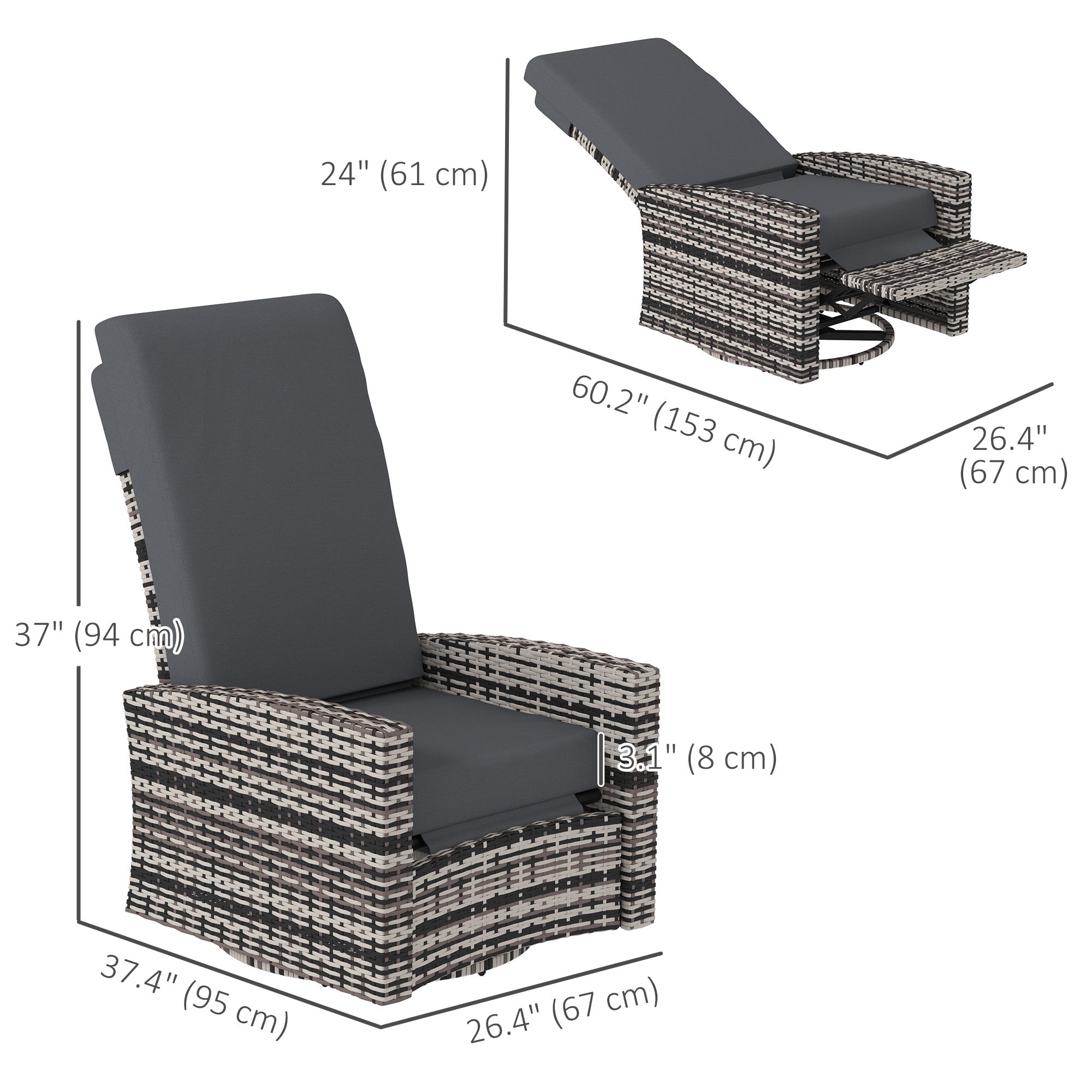 Outsunny Outdoor Rattan Wicker Lounge Chair with Footrest & Soft Cushion for Patio, Garden, Backyard, Grey 