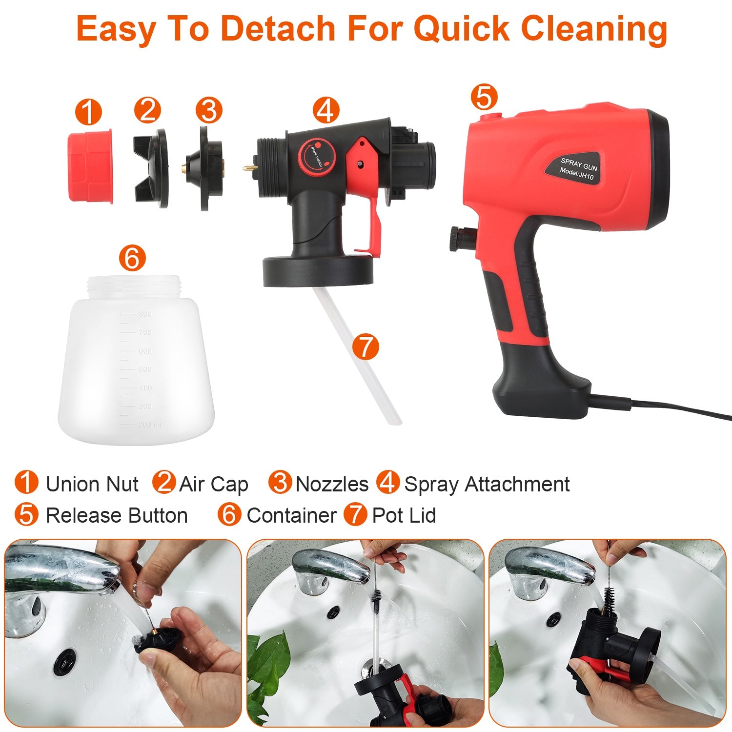 Electric Paint Sprayer HVLP Spray Painting Gun Handheld Painter with Different Spray Patterns 5 Nozzles 800ML Detachable Cup Flow Adjustable Length Ad 