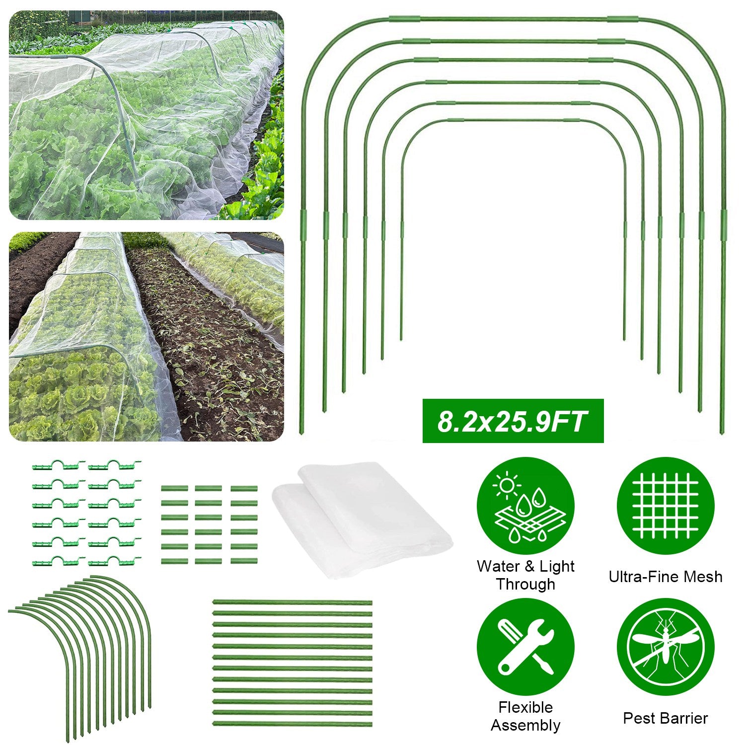 Garden Mesh Netting Kit With 8.2x25.9FT Ultra Fine Screen Mesh 12 Clips 6Pcs Garden Hoops Greenhouse Raised Bed Plant Covers Garden Barrier For Vegeta 