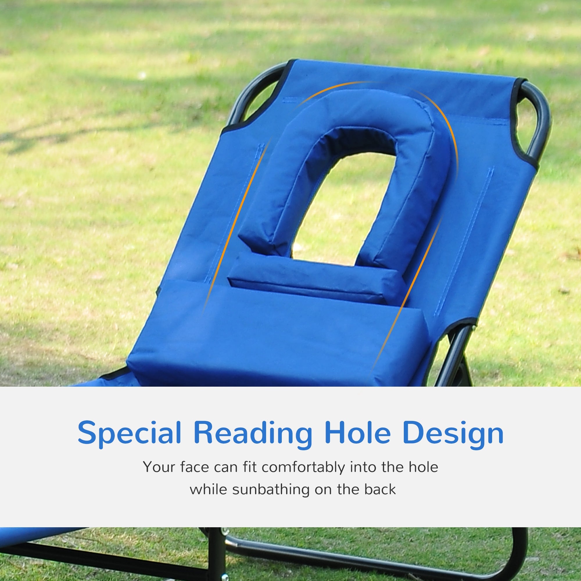Outsunny Sun Lounger with Reading Hole Adjustable Garden Outdoor Reclining Chair Folding Camping Beach Bed Blue 