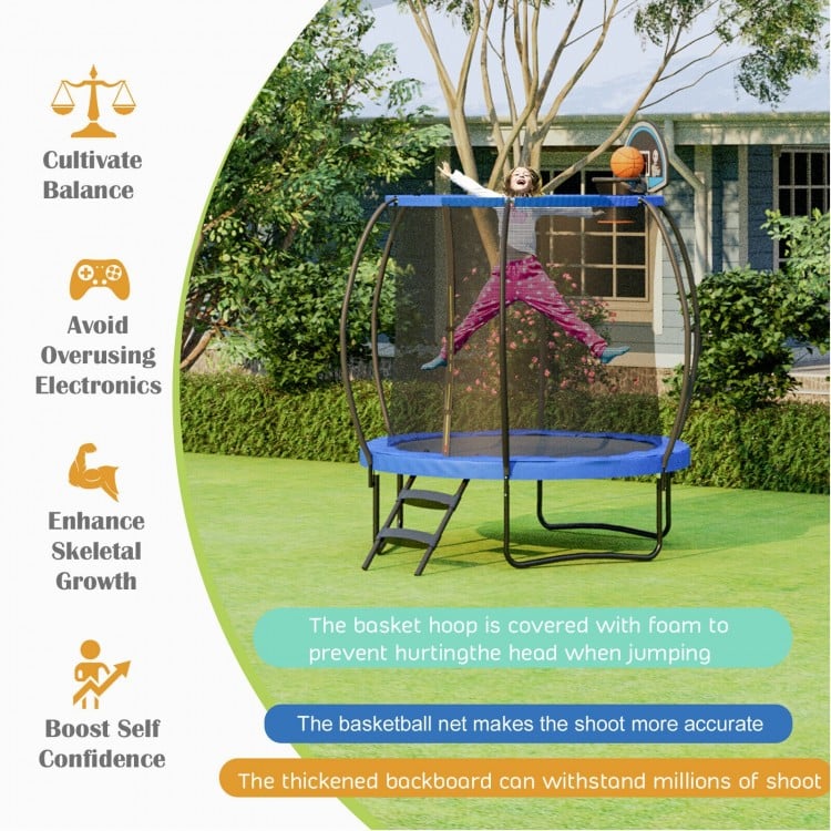 8/10/12 Feet Recreational Trampoline with Basketball Hoop Safety Enclosure Net Ladder