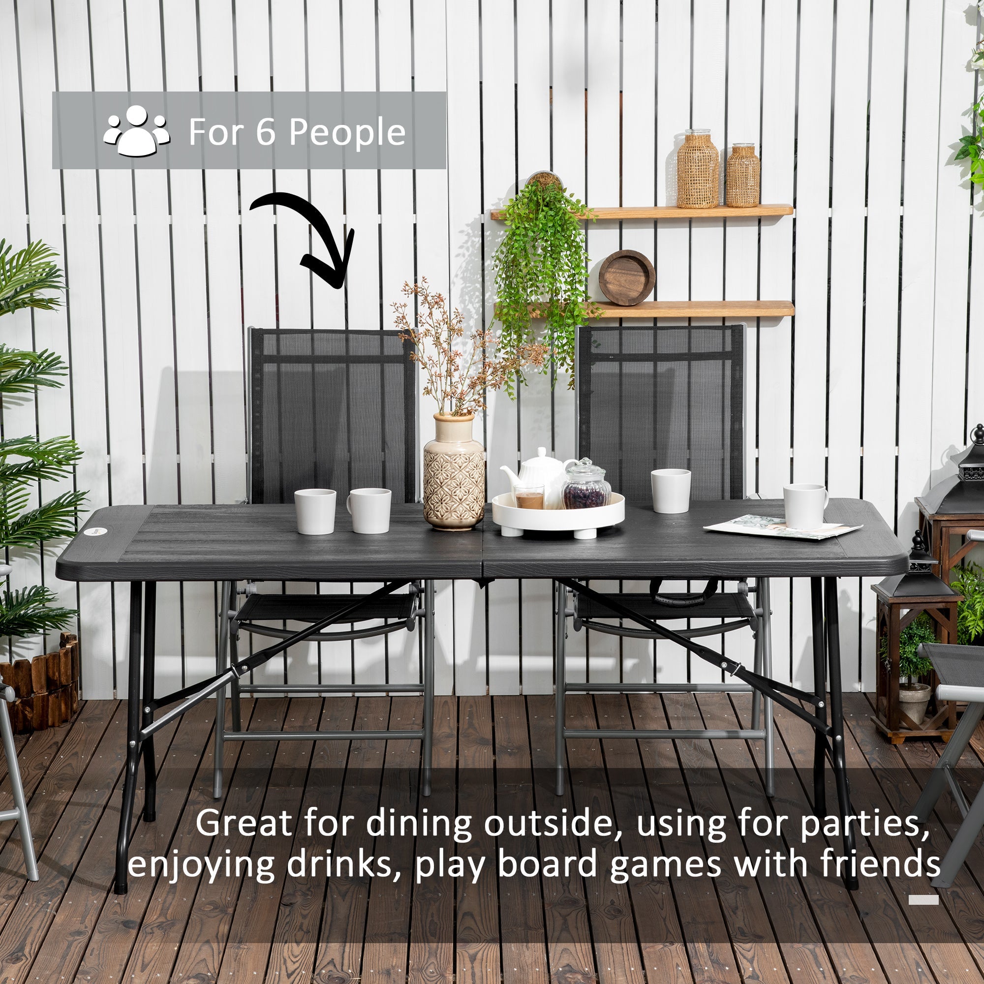 Outsunny Foldable Patio Dining Table for 6, Rectangular Outdoor Table for Garden Lawn Backyard, Dark Grey 