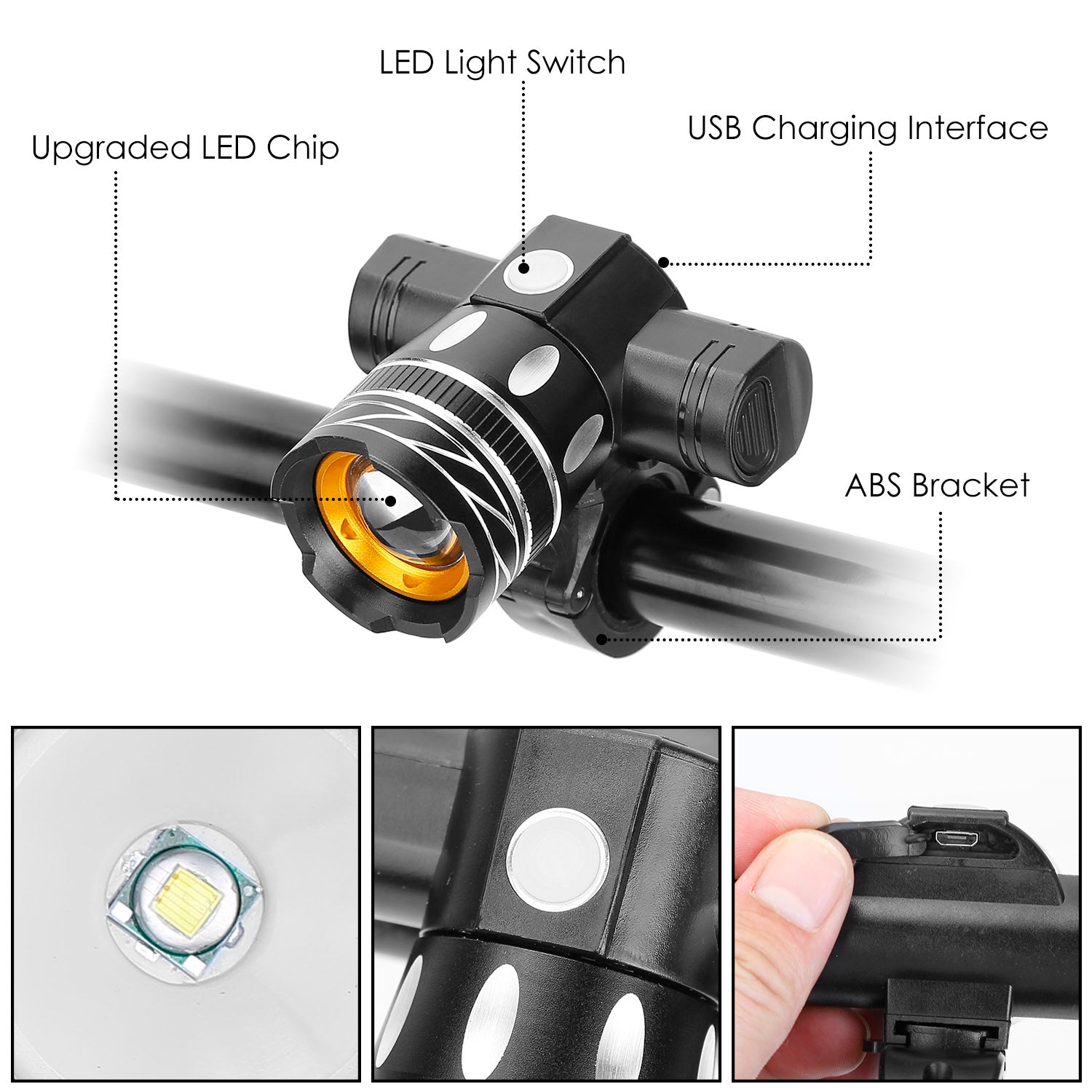 Bike Headlight USB Rechargeable LED Bicycle Front Light IPX6 Waterproof Bicycle Headlight Aluminum Alloy Shell Bike Headlight w/ Bracket