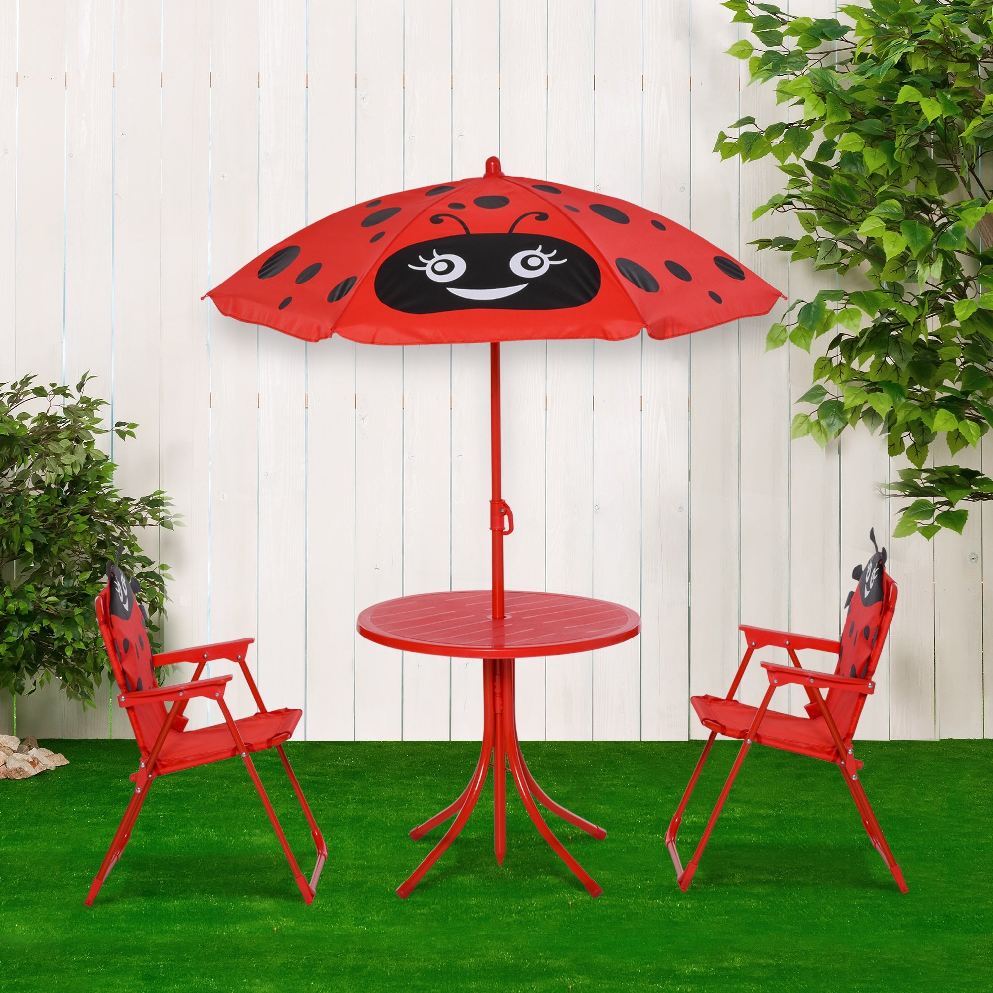 Outsunny Kids Picnic Table and Kids Picnic Chair Set Ladybug Pattern Outdoor Garden Patio Backyard with Removable Sun Umbrella Red 