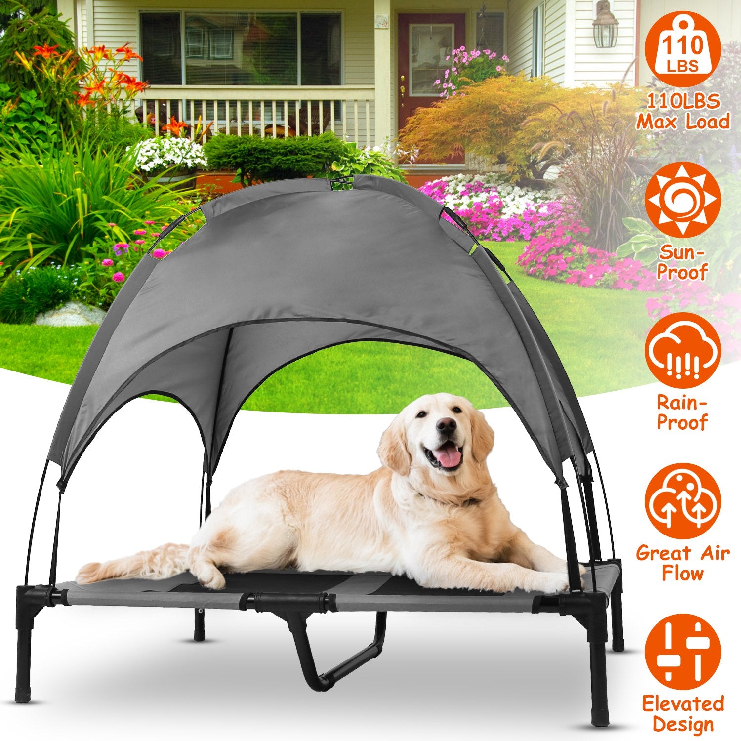 Outdoor Elevated Dog Bed Cooling Raised Pet Cot Canopy Shade Tent Pet Cooling Bed with Removable Canopy for Outside Yard Camping Beach 