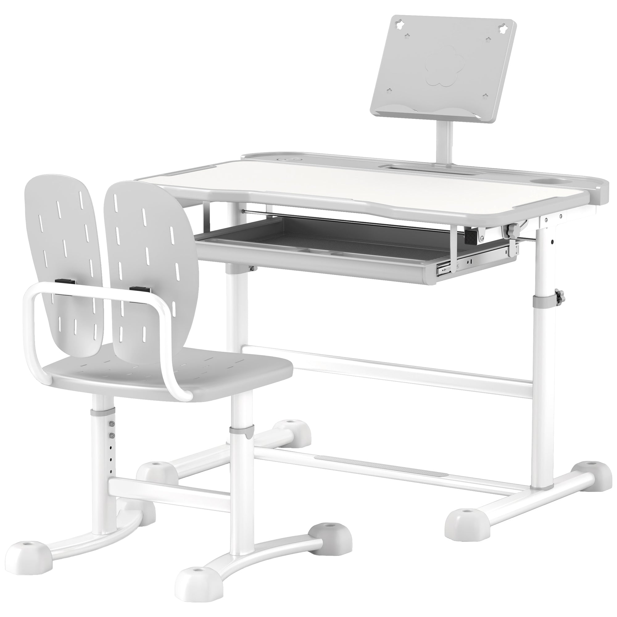 Qaba Height Adjustable Kids Desk and Chair Set with Tilt Desktop, Large Writing Board, Storage Drawer, Book Stand, Grey 