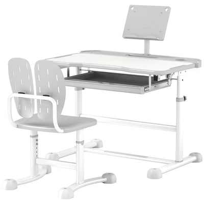 Qaba Height Adjustable Kids Desk and Chair Set with Tilt Desktop, Large Writing Board, Storage Drawer, Book Stand, Grey 