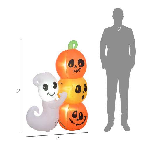 HOMCOM 5ft Inflatable Halloween Decoration Ghost And Pumpkin, Blow Up Outdoor LED Yard Display, Waterproof 