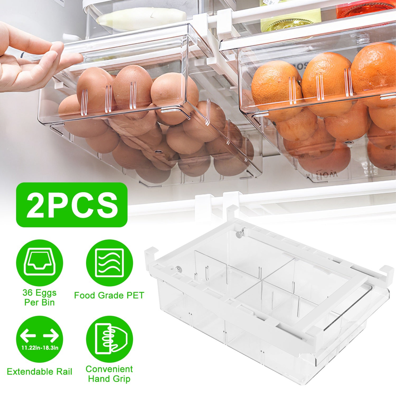 2Pcs Refrigerator Egg Drawer 36 Egg Capacity Snap On Hanging Storage Tray Space Saving Pull Out Egg Container Organizer 