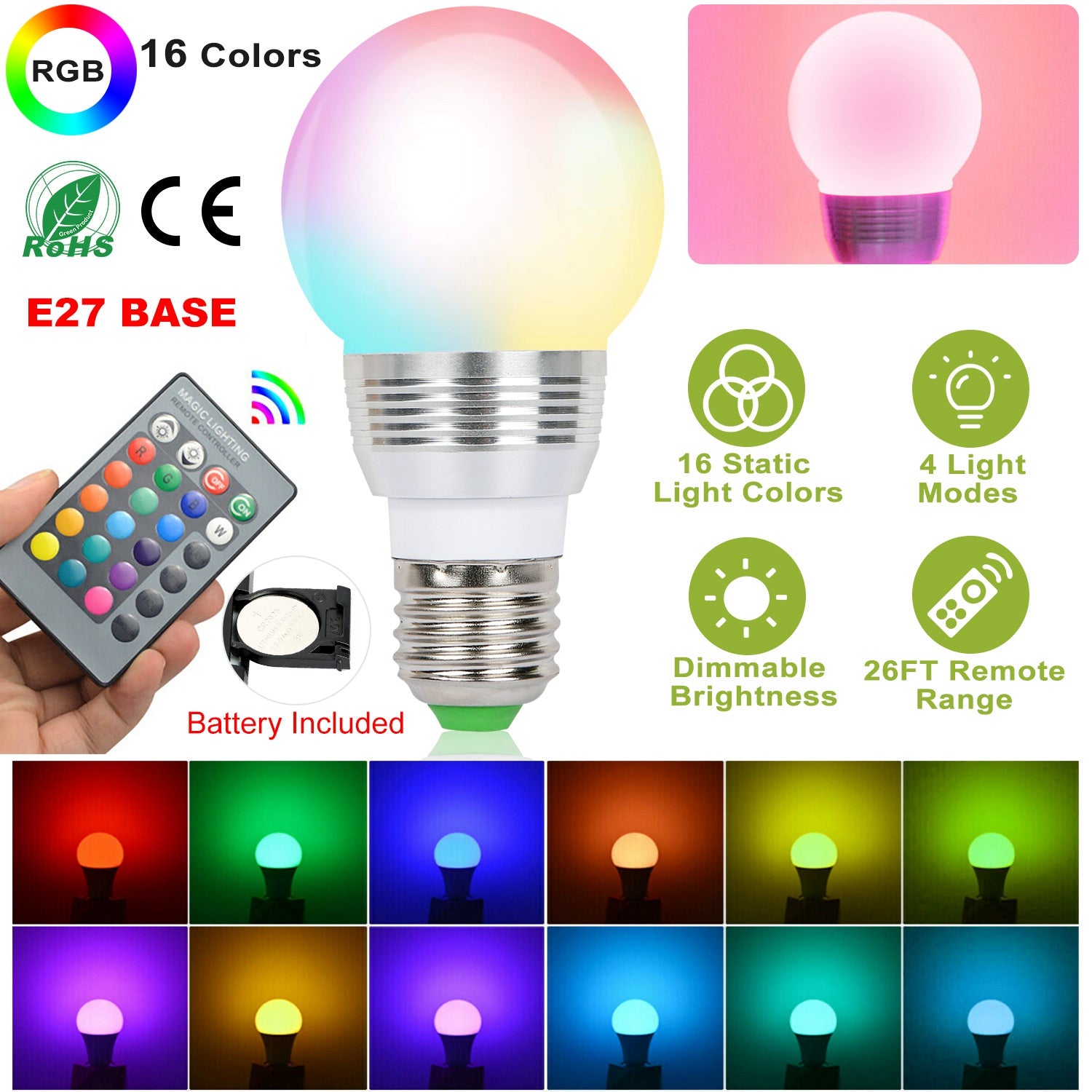 16 Colors Change LED Bulbs E27 3W RGB Dimmable Mood Lighting Lamp IR Remote Control