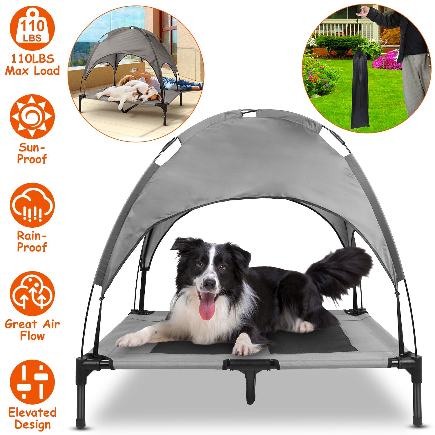 Outdoor Elevated Dog Bed Cooling Raised Pet Cot Canopy Shade Tent Pet Cooling Bed with Removable Canopy for Outside Yard Camping Beach