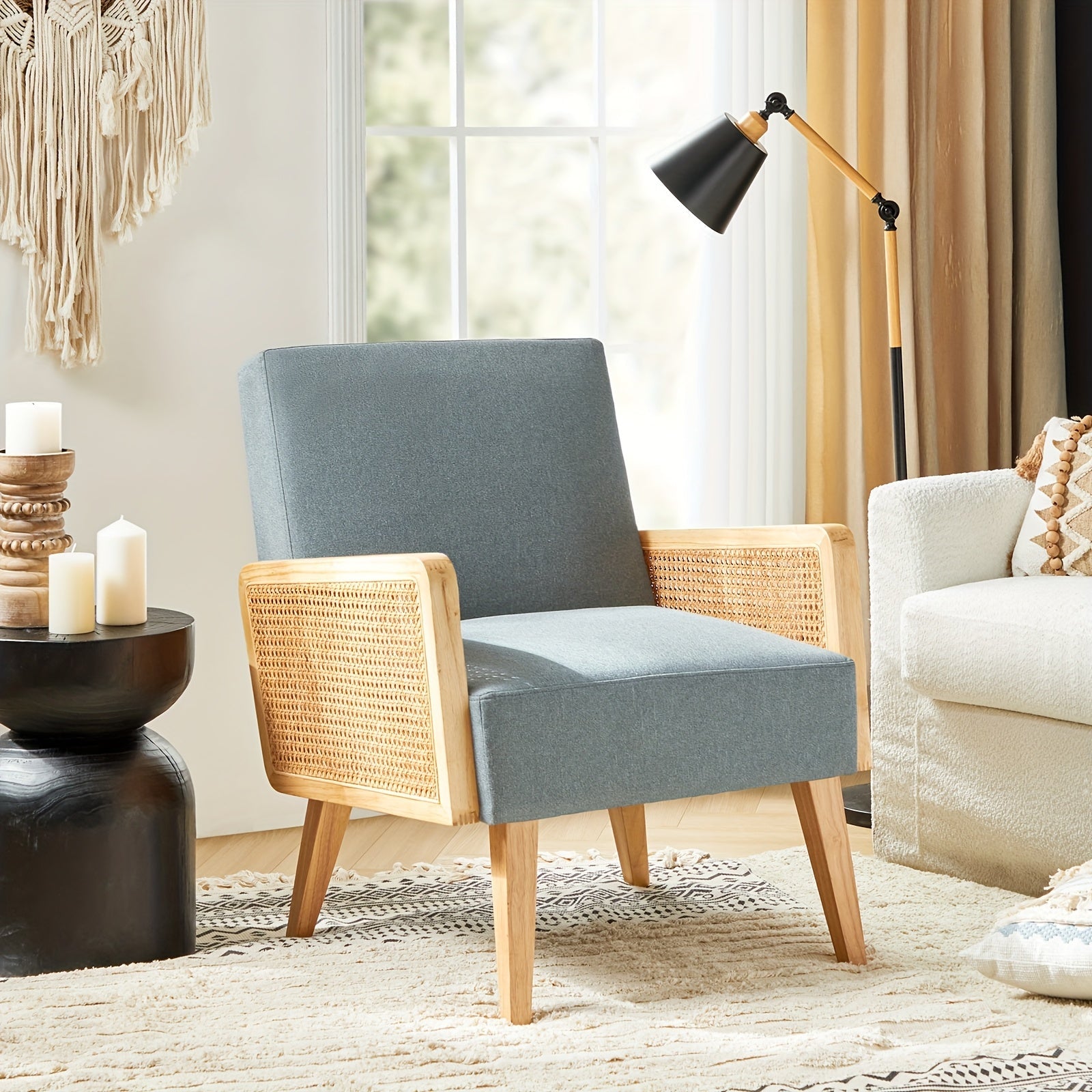 Beige Mid-Century Modern Accent Chair with Rattan Armrests & Wood Legs – Ergonomic Upholstered Lounge Chair for Living Room, Bedroom, or Hosting Spaces, Lightweight & Comfortable Design, Chair Furniture 