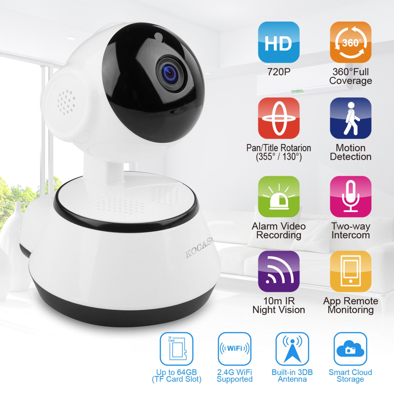 KOCASO 720P WiFi IP Camera Motion Detection IR Night Vision Indoor 360° Coverage Security Surveillance App Cloud Available 