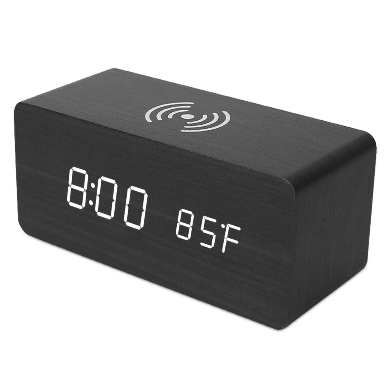 Digital Alarm Clock Qi-Wireless Charger Time Temperature Calendar Display Clock w/ Voice Control Brightness Adjustment (Black) 