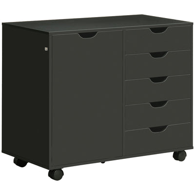 HOMCOM Modern Mobile 5-Drawer Chest with Door, Storage Cabinet, Dresser on Wheels, Printer Stand for Home Office, Black 