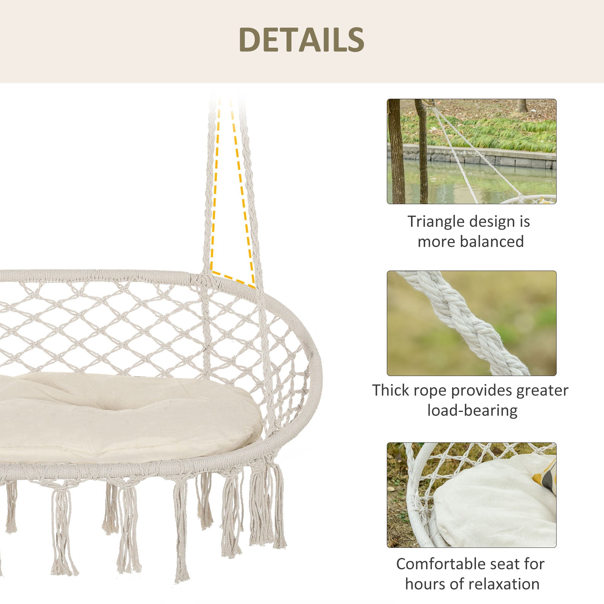 Outsunny Patio Hammock Chair 2 Seat, Hanging Rope Hammock Swing Chair with Metal Frame and Cushion, Large Macrame Seat for Indoor and Outdoor 396 lbs Capacity, Cream White 