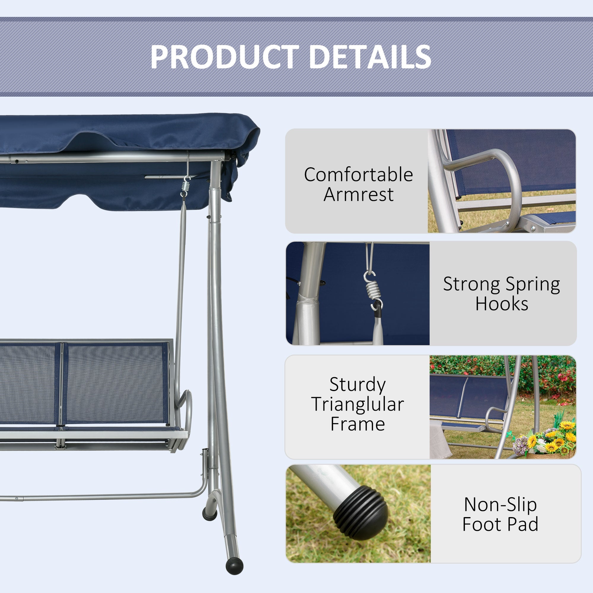 Outsunny 3-Seater Outdoor Swing Chair Bench with Adjustable Canopy, Dark Blue 