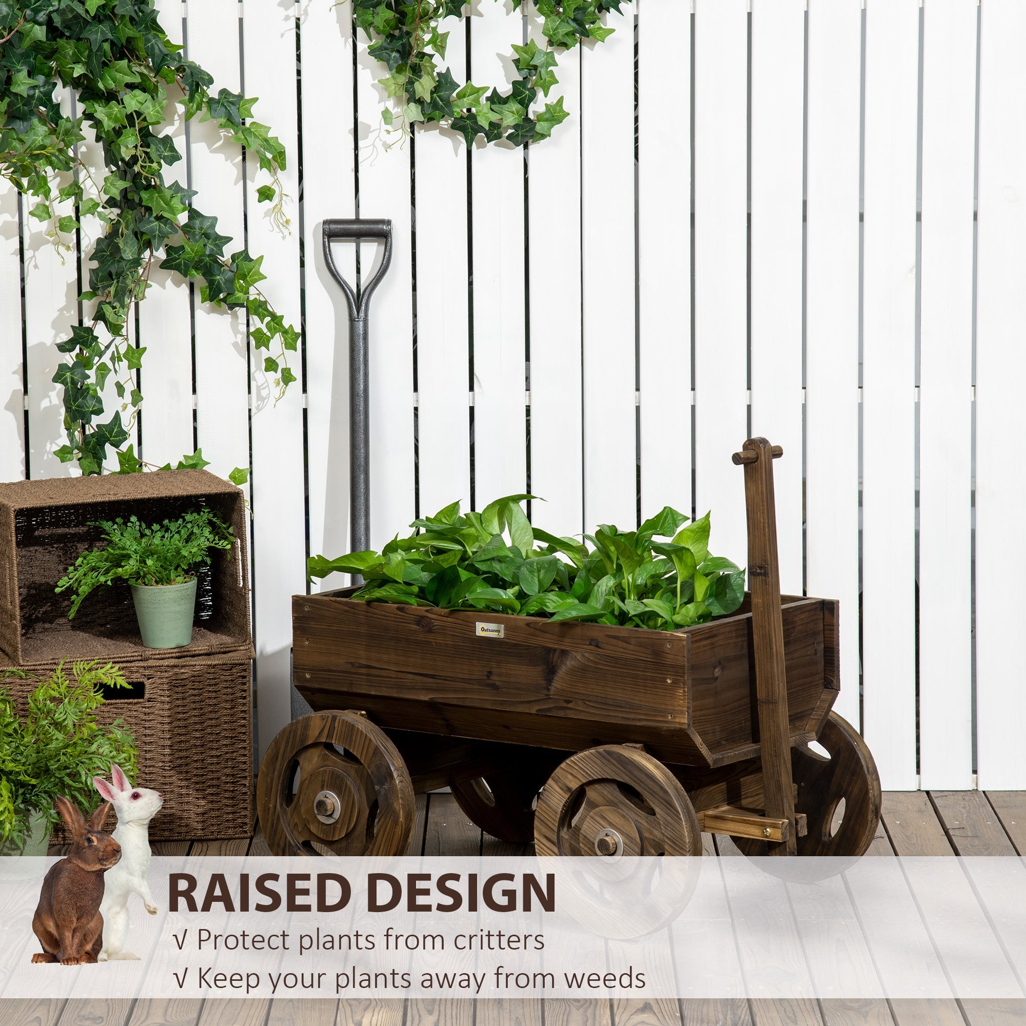 Outsunny Wooden Flower Cart Planter Box: Raised Garden Bed on Wheels, Outdoor Planters for Patio Decor 