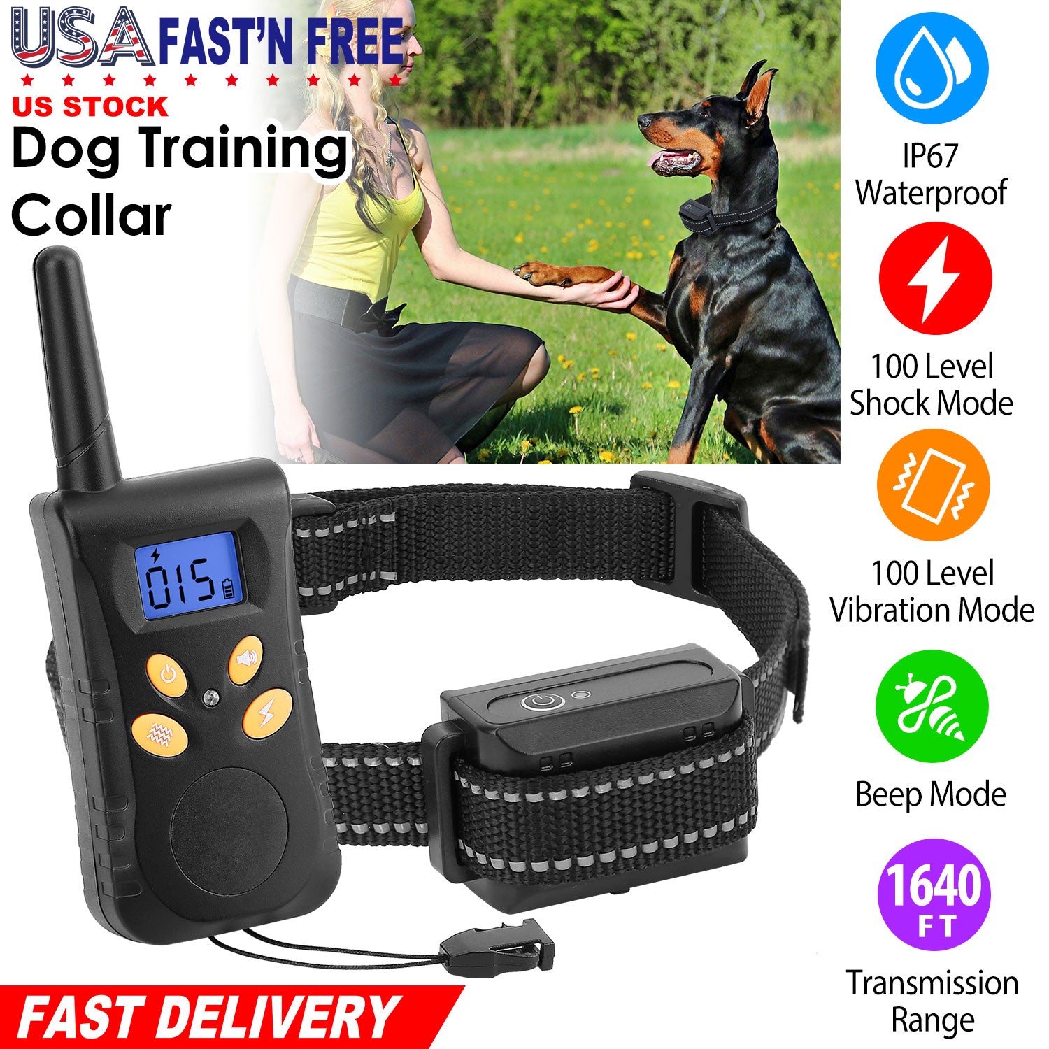 Dog Training Collar IPX7 Waterproof Pet Beep Vibration Electric Shock Collar Rechargeable Transmitter Receiver Trainer w/ Remote