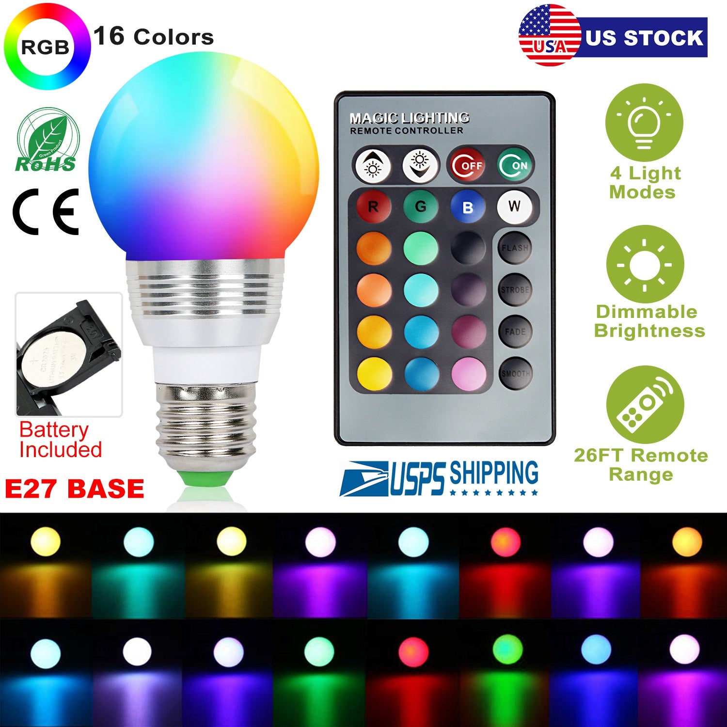 16 Colors Change LED Bulbs E27 3W RGB Dimmable Mood Lighting Lamp IR Remote Control