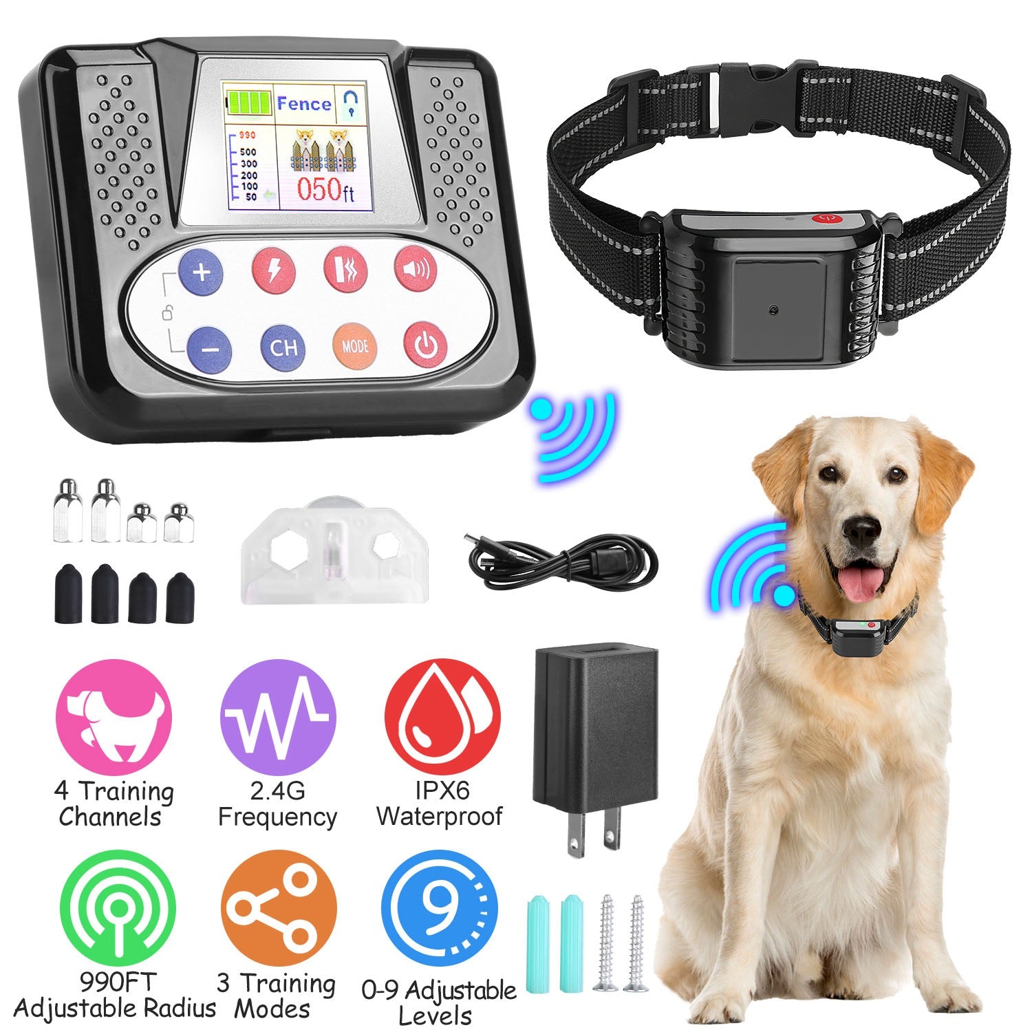 990FT Range Dog Wireless Fence Remote Training Collar IPX6 Waterproof Receiver with 0-9 Levels Beep Vibration Shock Mode 4 Channels Rechargeable Trans