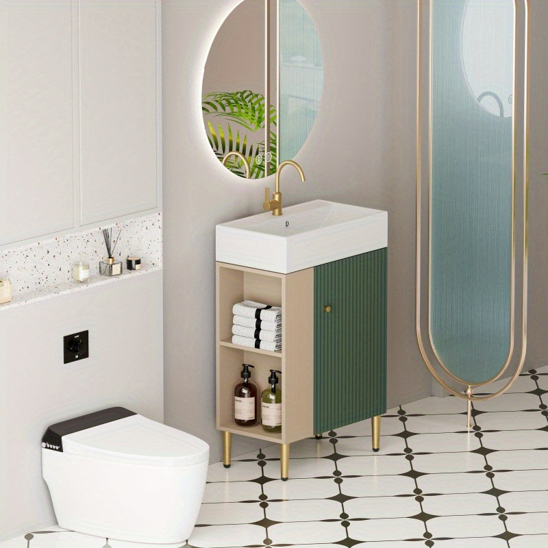Contemporary Green Bathroom Vanity with Ceramic Sink & Soft-Closing Doors - Open Shelf Storage Cabinet on Left Side, 21.6" Wide, Assembly Required, Bathroom Decor And Accessories 