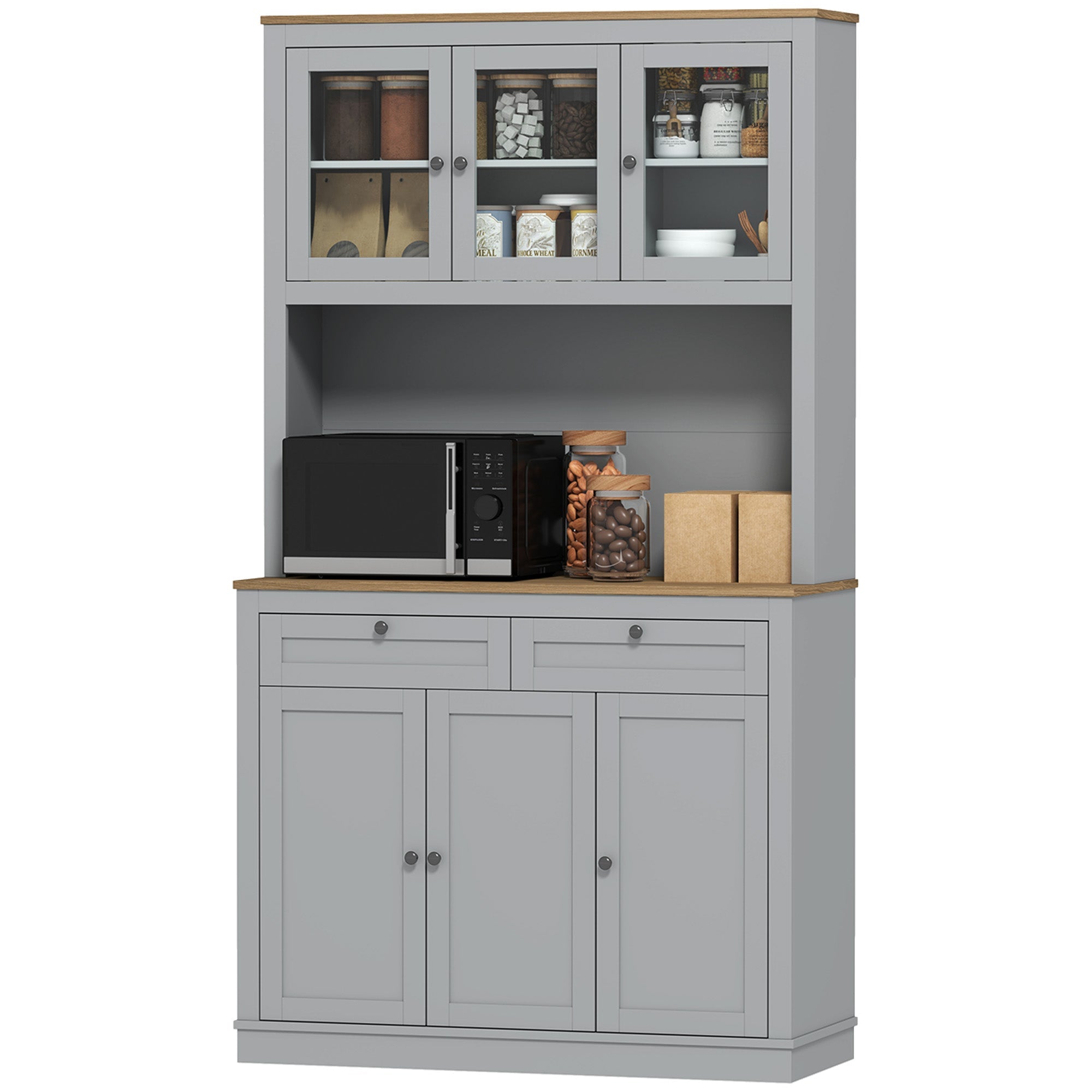 HOMCOM 71" Pantry Cabinet with Microwave Space, Buffet with Hutch, 2 Drawers, Adjustable Shelves and Glass Doors, Grey 
