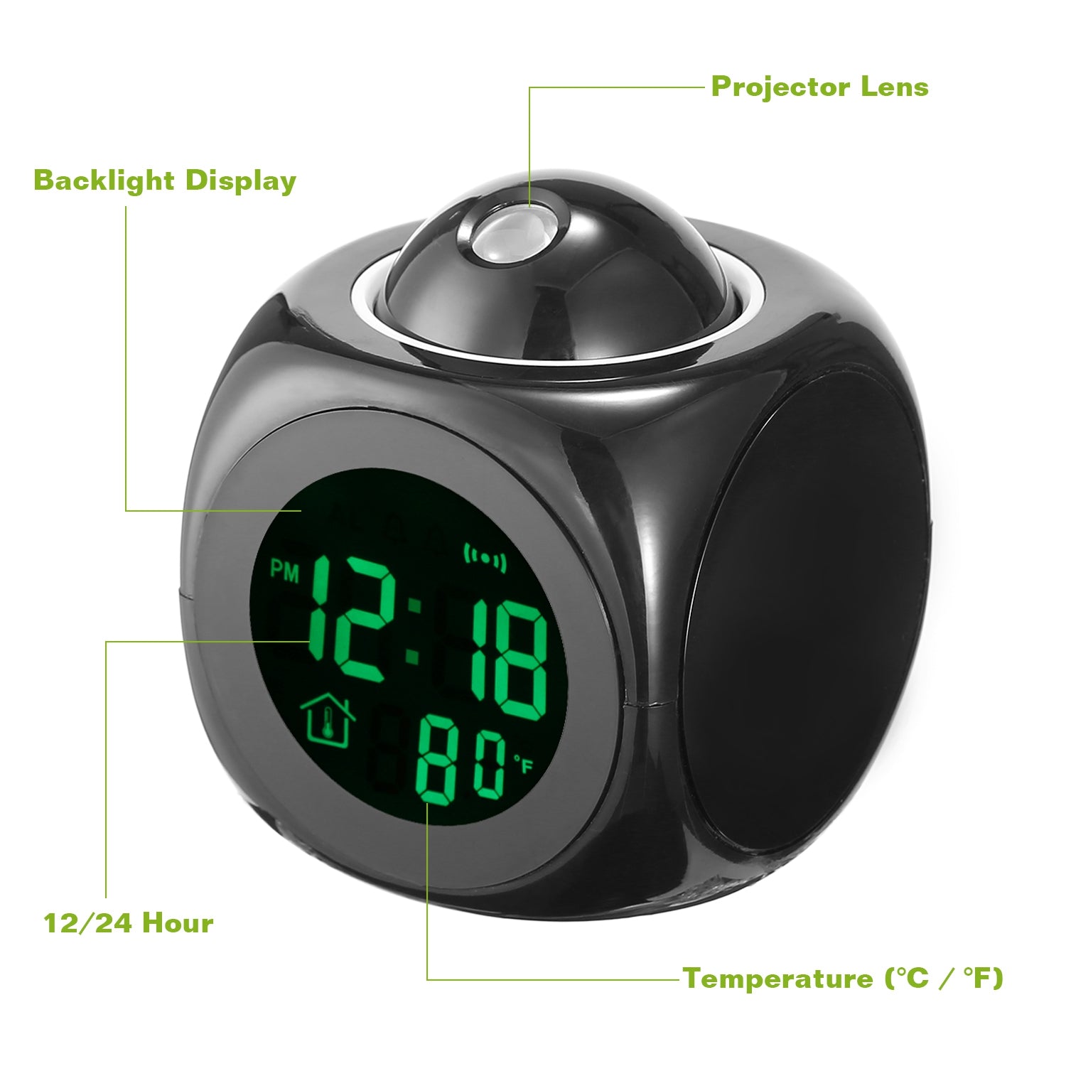 LCD Projection Alarm Clock Battery Powered with Voice Broadcast Function Snooze Temperature Display 12/24 Hour Time System