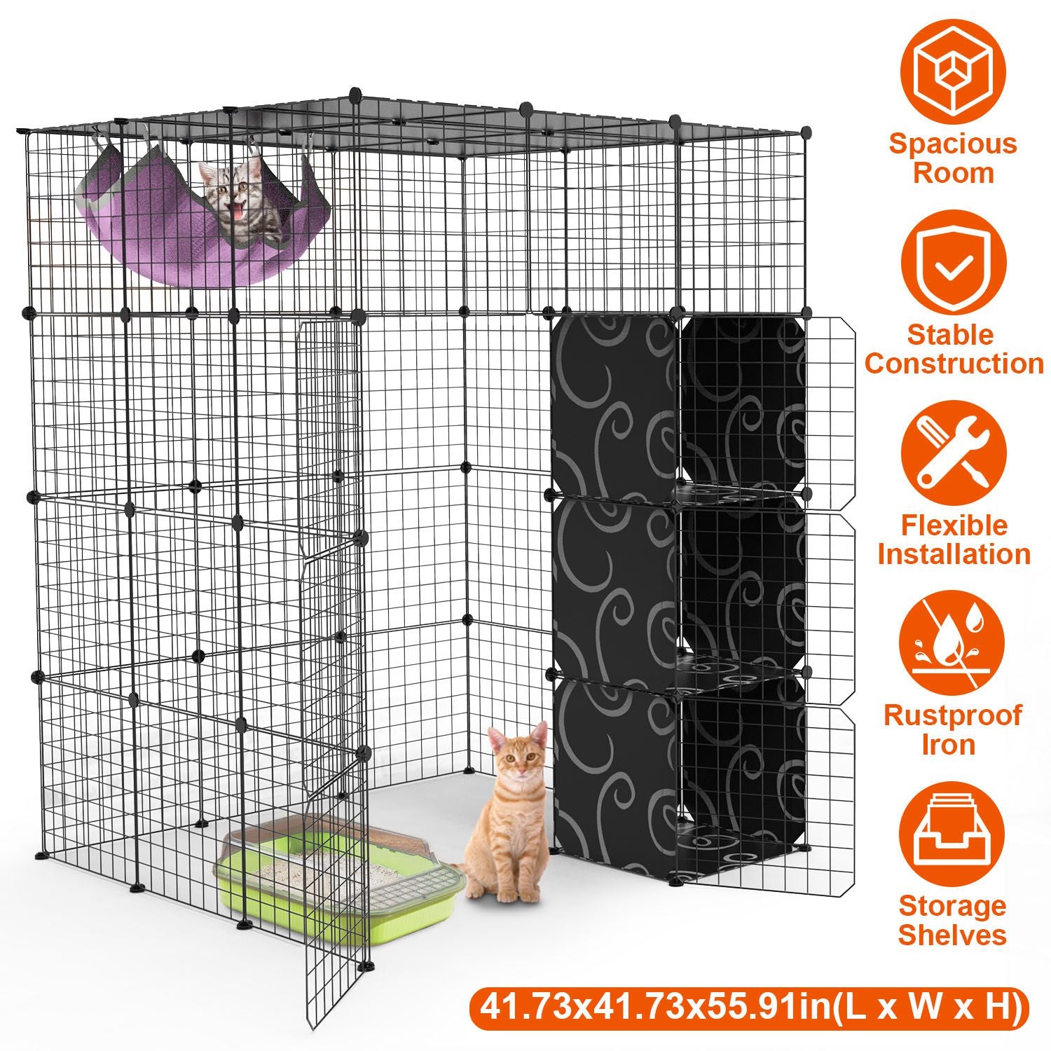 4Tier Cat Playpen Cage Black Iron Indoor Cat House Detachable Kitten House with Storage Shelves Cat Hammock Flexible Installation For 1-4Cats Exercise