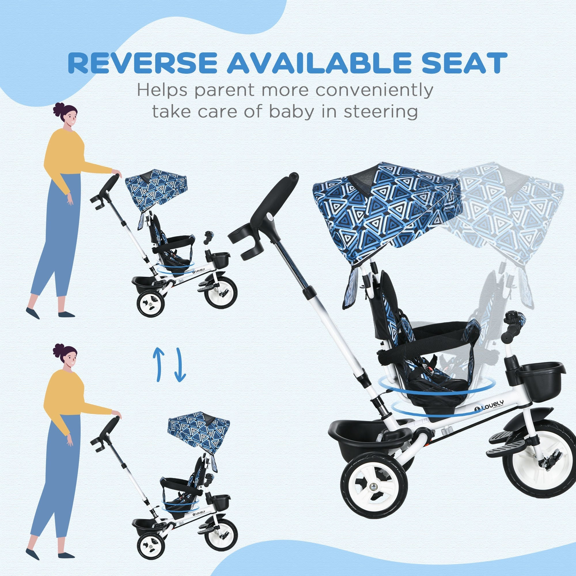 Qaba 6-in-1 Toddler Tricycle - Enhanced with Parent Handle, Canopy, Storage, Cupholder, Light Blue, for Ages 1-5 