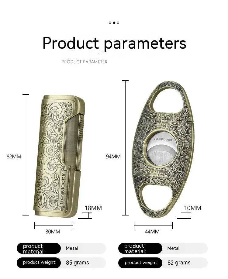 Embossed Portable Metal Alloy Cigar Cutter and Torch Lighter Gift box set 