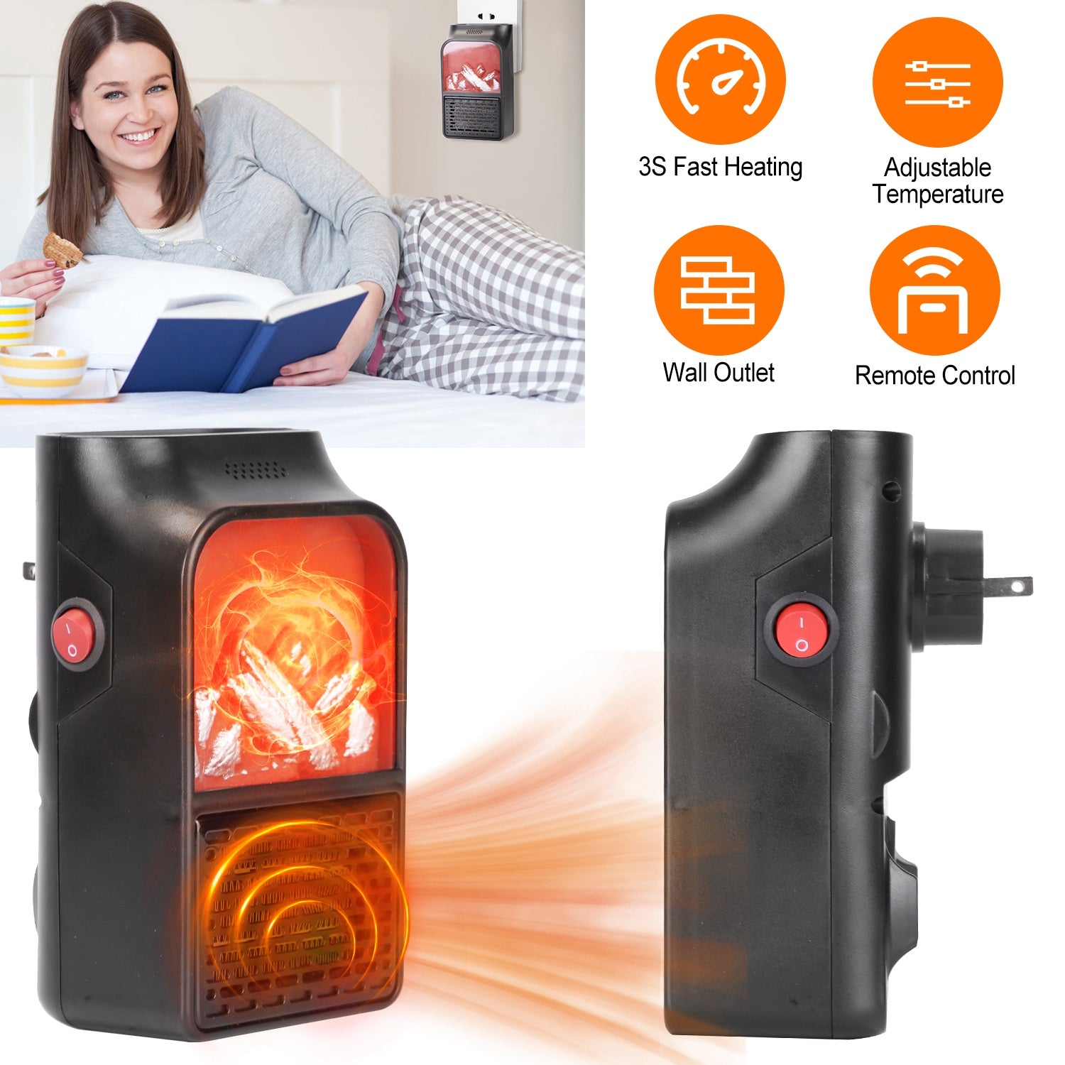 800W Plug-In Space Heater Wall Outlet Heater with 360° Rotatable Plug Adjustable Temperature 2 Wind Speeds Remote Control 