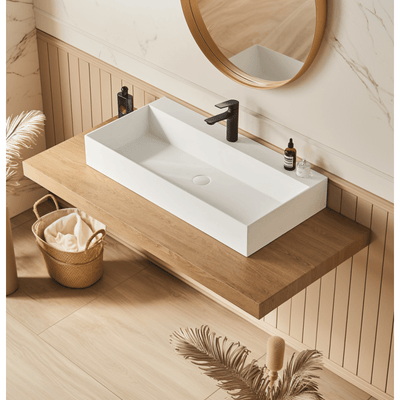 30" x 18" Solid Surface Wall Mount Rec Matte White Vel Sink with Faucet Hole 