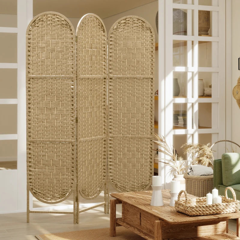 Bohemian Privacy Screen, Folding Room Divider with 3 Panels and Arched Top for Bedroom Living Room Office, Natural Wood