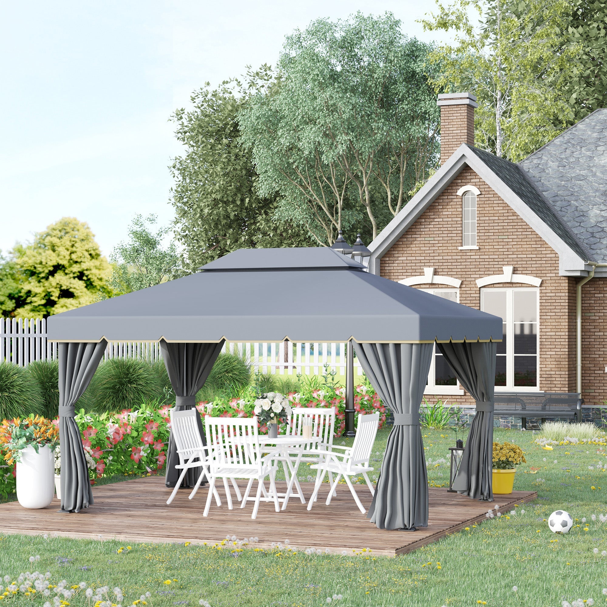 Outsunny 13' x 10' Outdoor Patio Gazebo Canopy with 2-Tier Polyester Roof, Vented Mesh Sidewall & Strong Aluminum Frame, Grey 
