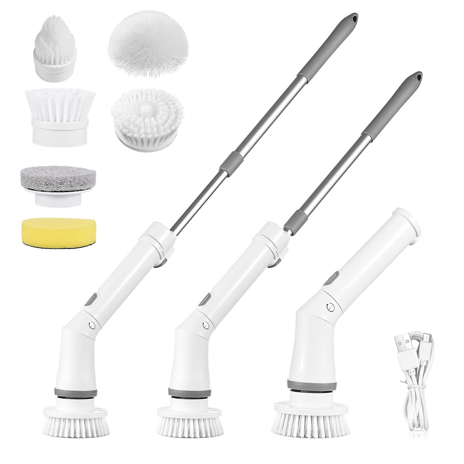 Electric Spin Scrubber Cordless Rechargeable Telescopic Cleaning Brush 6 Replaceable Heads 2 Speed Adjustable Extension Arm Bathroom Tub Tile Floor