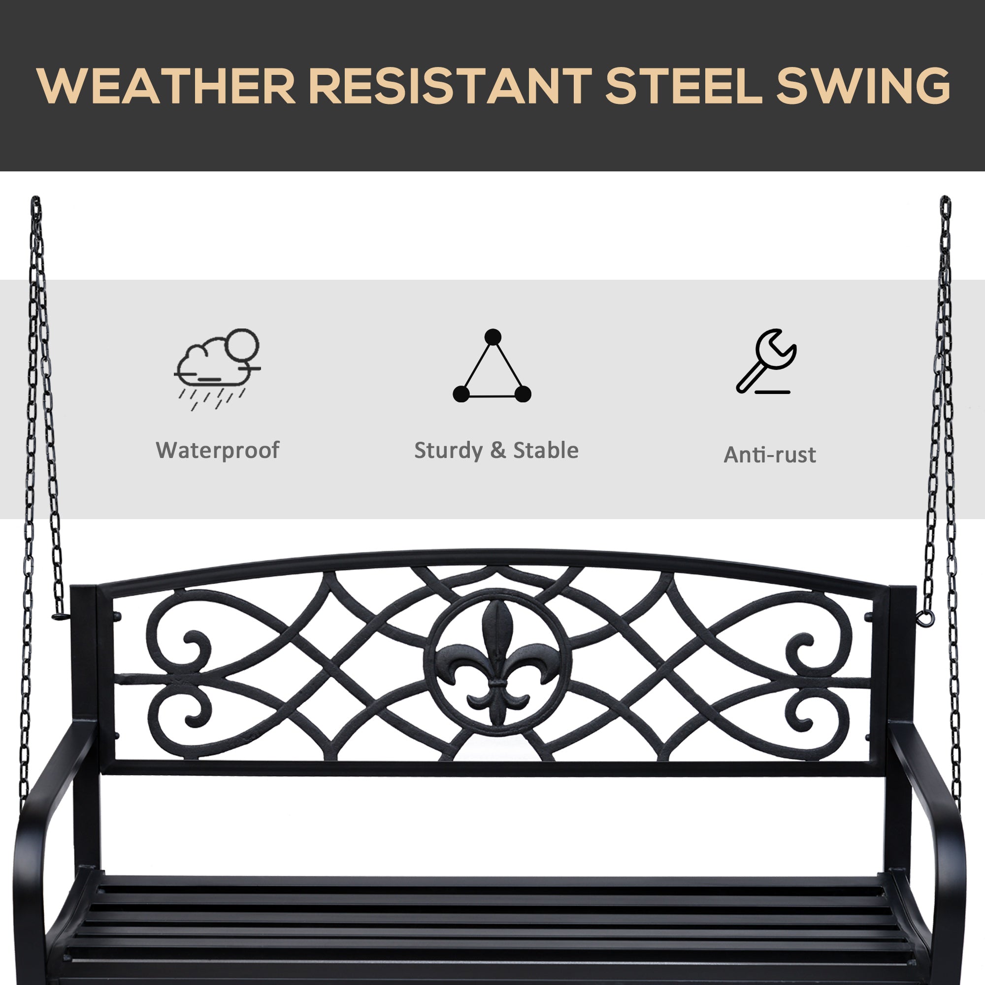 Outsunny Porch Swing: 2-Person Glider Chair Fleur De Lis Design Steel Frame Black 