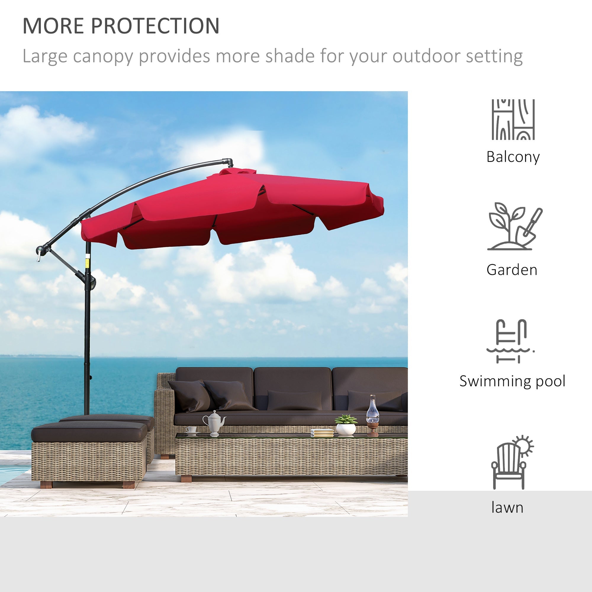 Outsunny 9FT Offset Hanging Patio Umbrella: Red Easy Crank Tilt Cross Base 8 Ribs UV Blocking Canopy 
