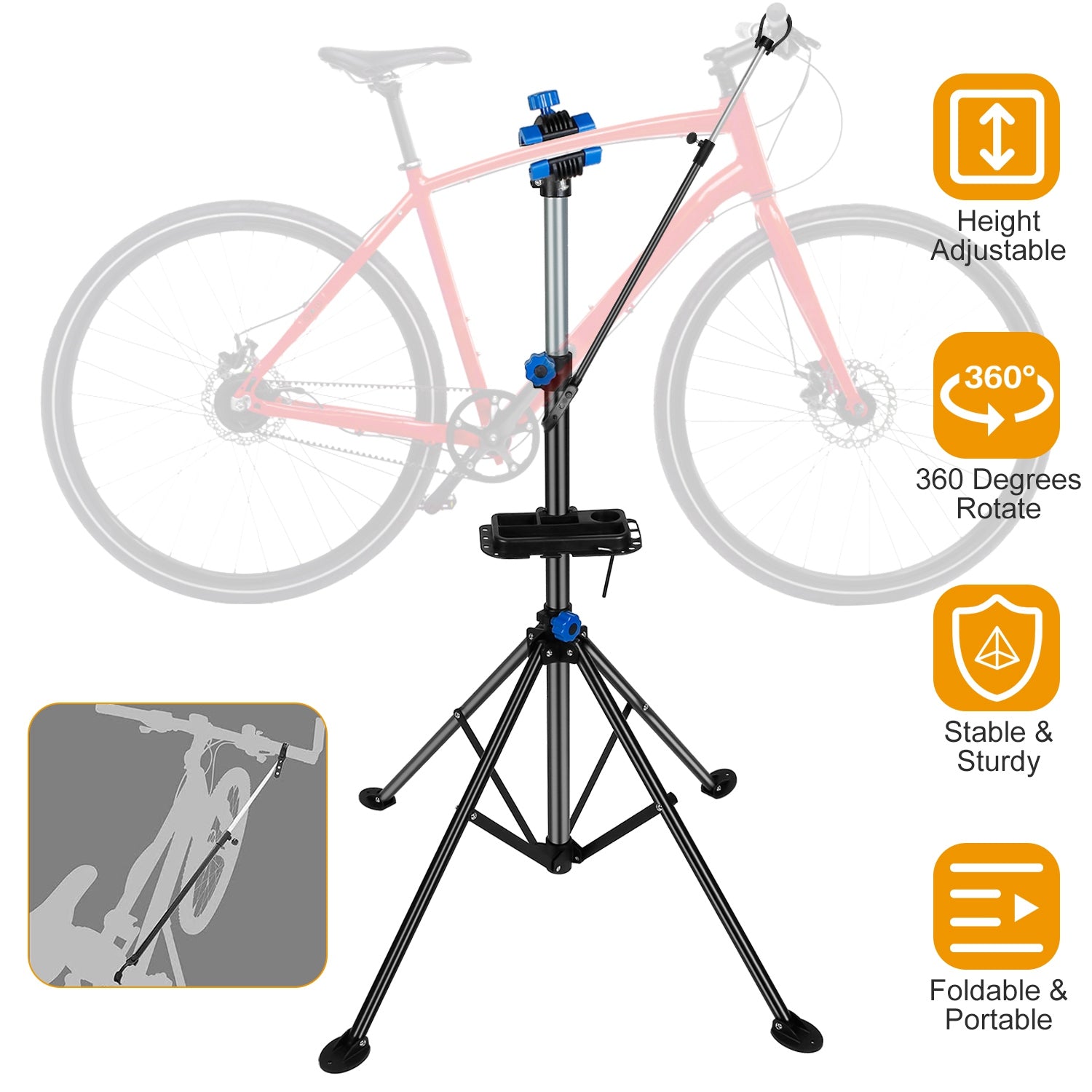 Bicycle Repair Stand Rack Height Adjustable Foldable Bike Maintenance Mechanic Station Rack 66LBS Max Load W/ Magnetic Tool Tray Telescope Arm Balance