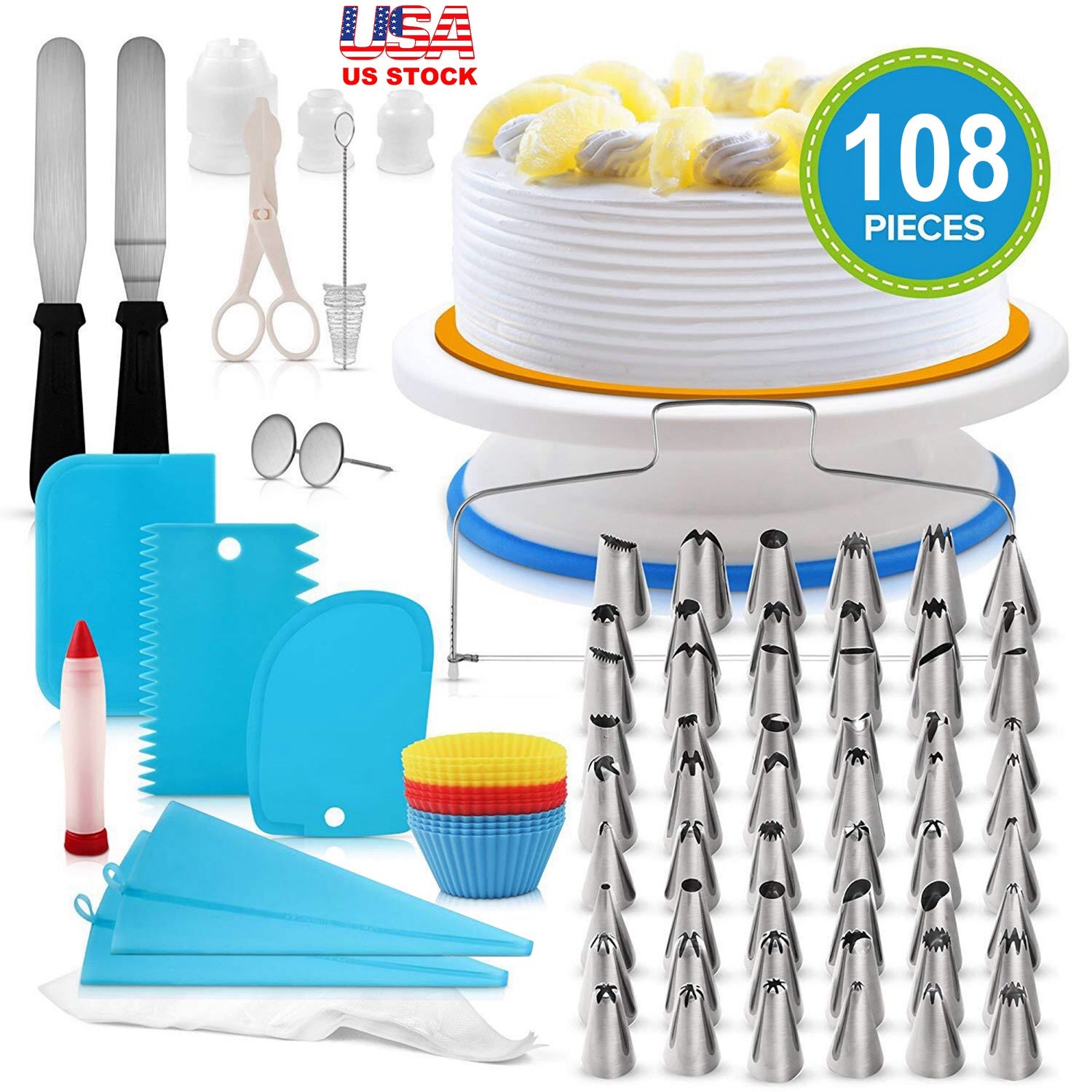 11in Rotating Cake Turntable 108Pcs Cake Decorating Supplies Kit Revolving Cake Table Stand Base Baking Tools 