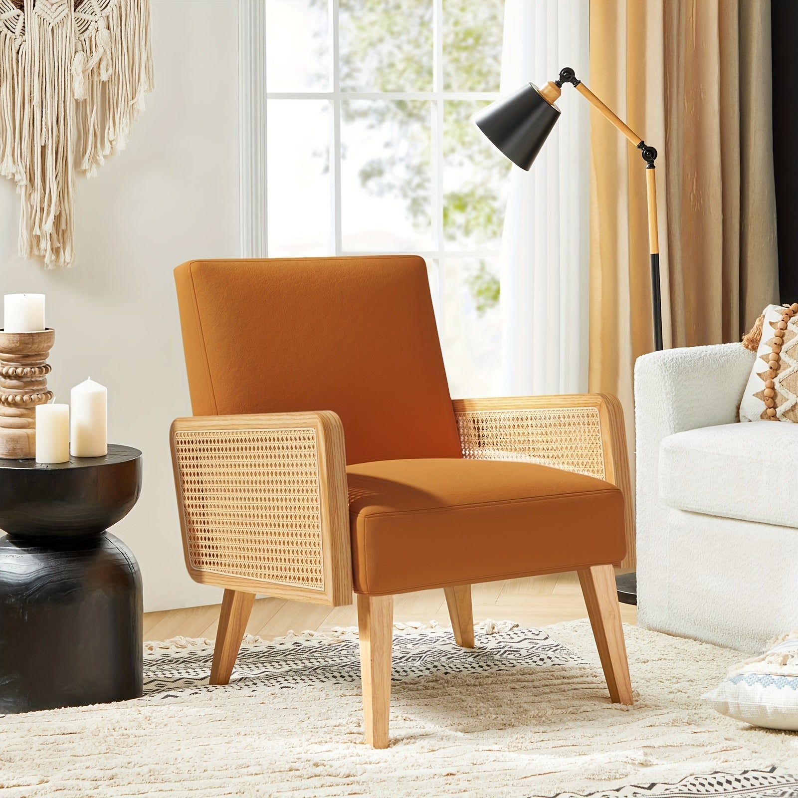 Beige Mid-Century Modern Accent Chair with Rattan Armrests & Wood Legs – Ergonomic Upholstered Lounge Chair for Living Room, Bedroom, or Hosting Spaces, Lightweight & Comfortable Design, Chair Furniture 