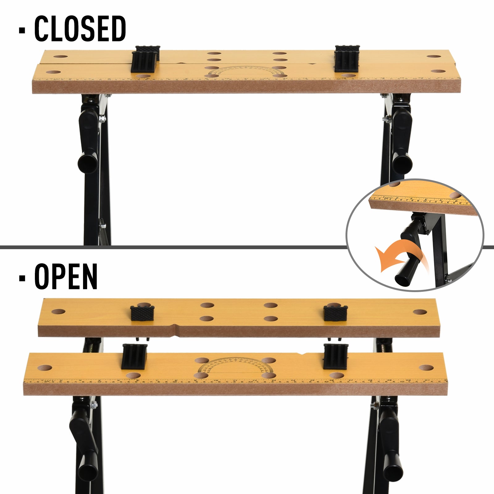 DURHAND Versatile Workstation: Adjustable MDF Work Bench, Foldable Carpenter Saw Table, Steel Frame, 220lbs Capacity 