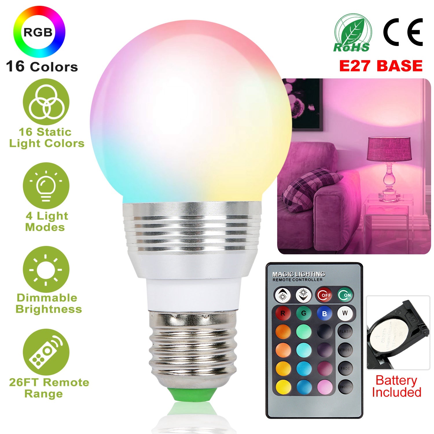 16 Colors Change LED Bulbs E27 3W RGB Dimmable Mood Lighting Lamp IR Remote Control